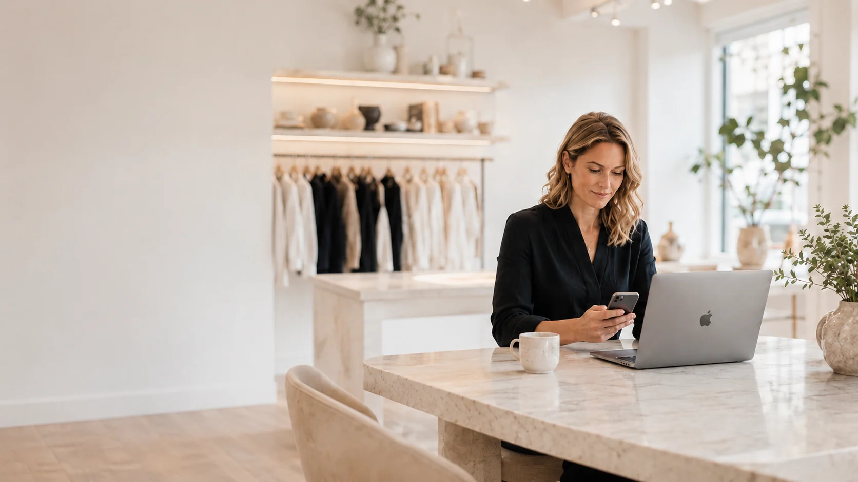 Local business owner using a phone and laptop